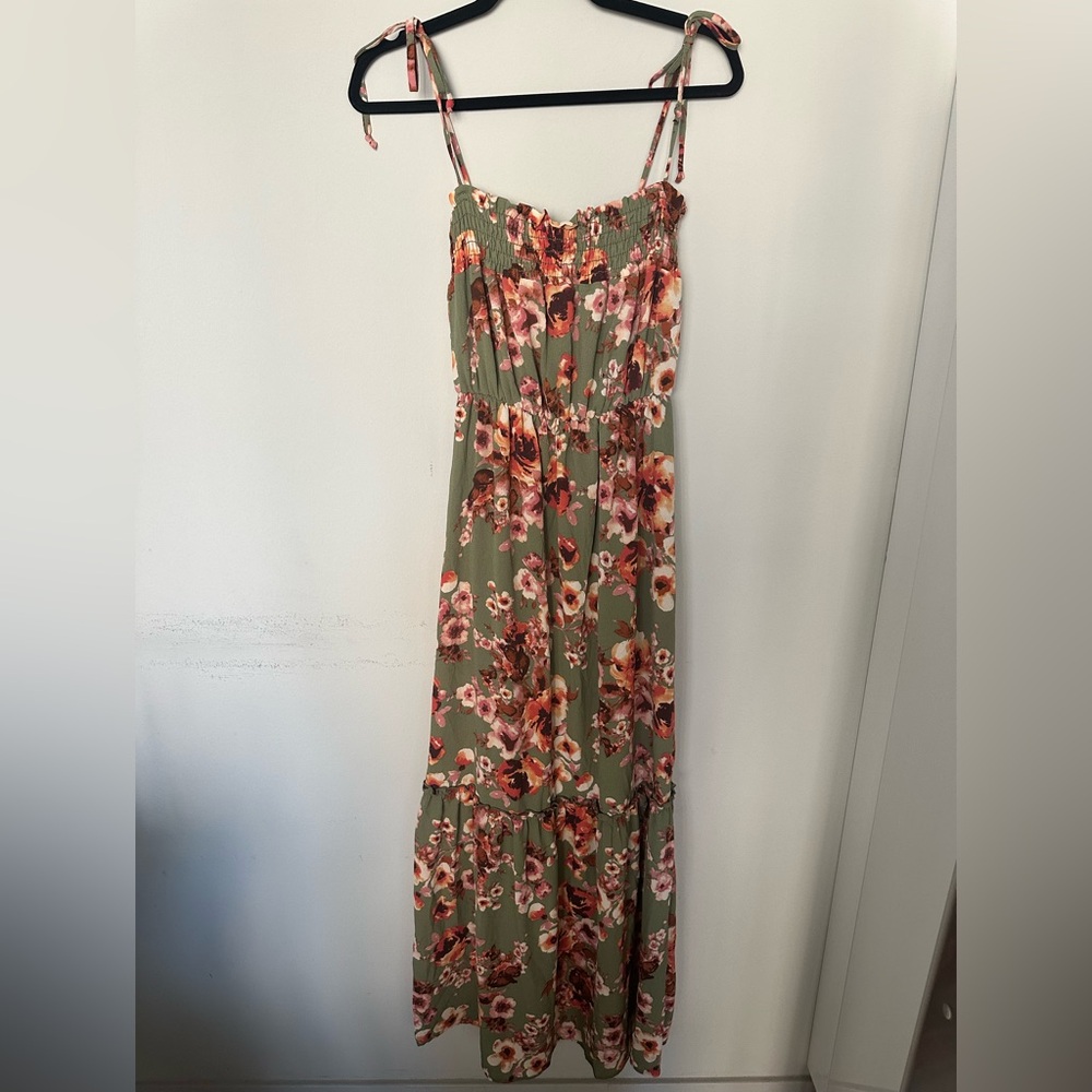 miami Olive Maxi Dress with Pink and Rust Floral Print